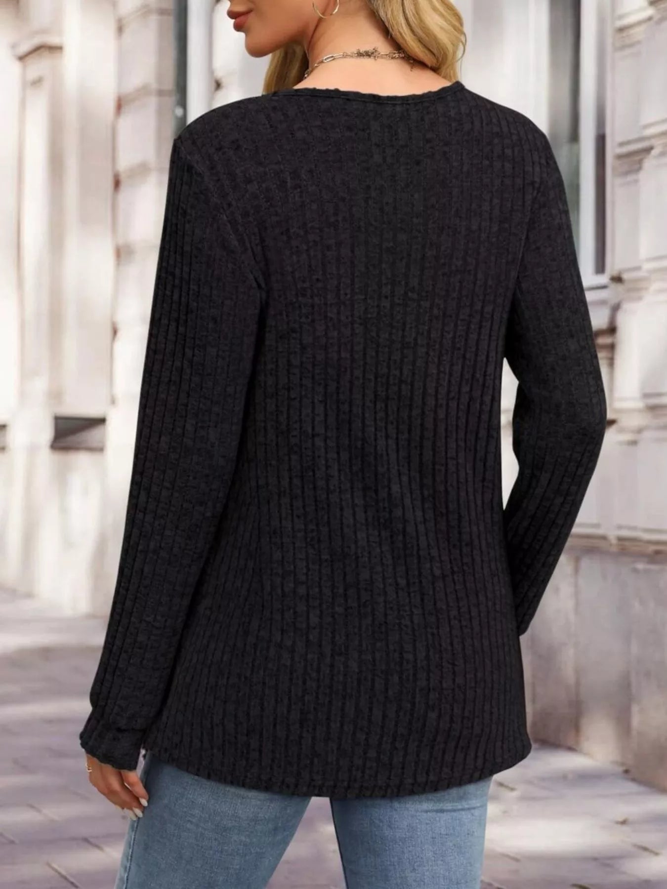 Ribbed Knit Button-Front Long Sleeve T-Shirt
