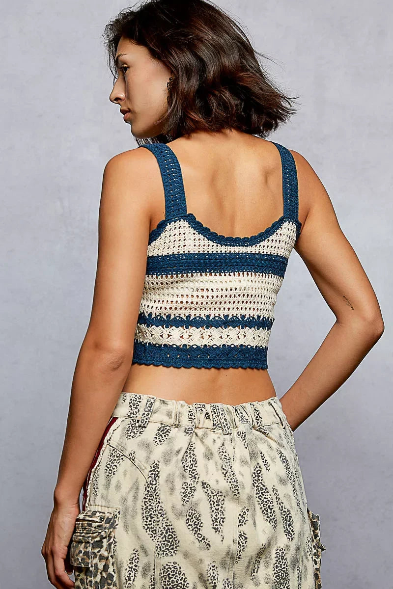 POL Floral Embroidered Cropped Crochet Cami with Scalloped Hem