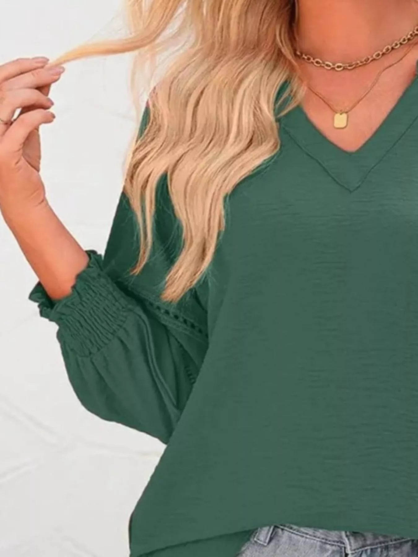 Solid Color Smocked Long Sleeve Blouse