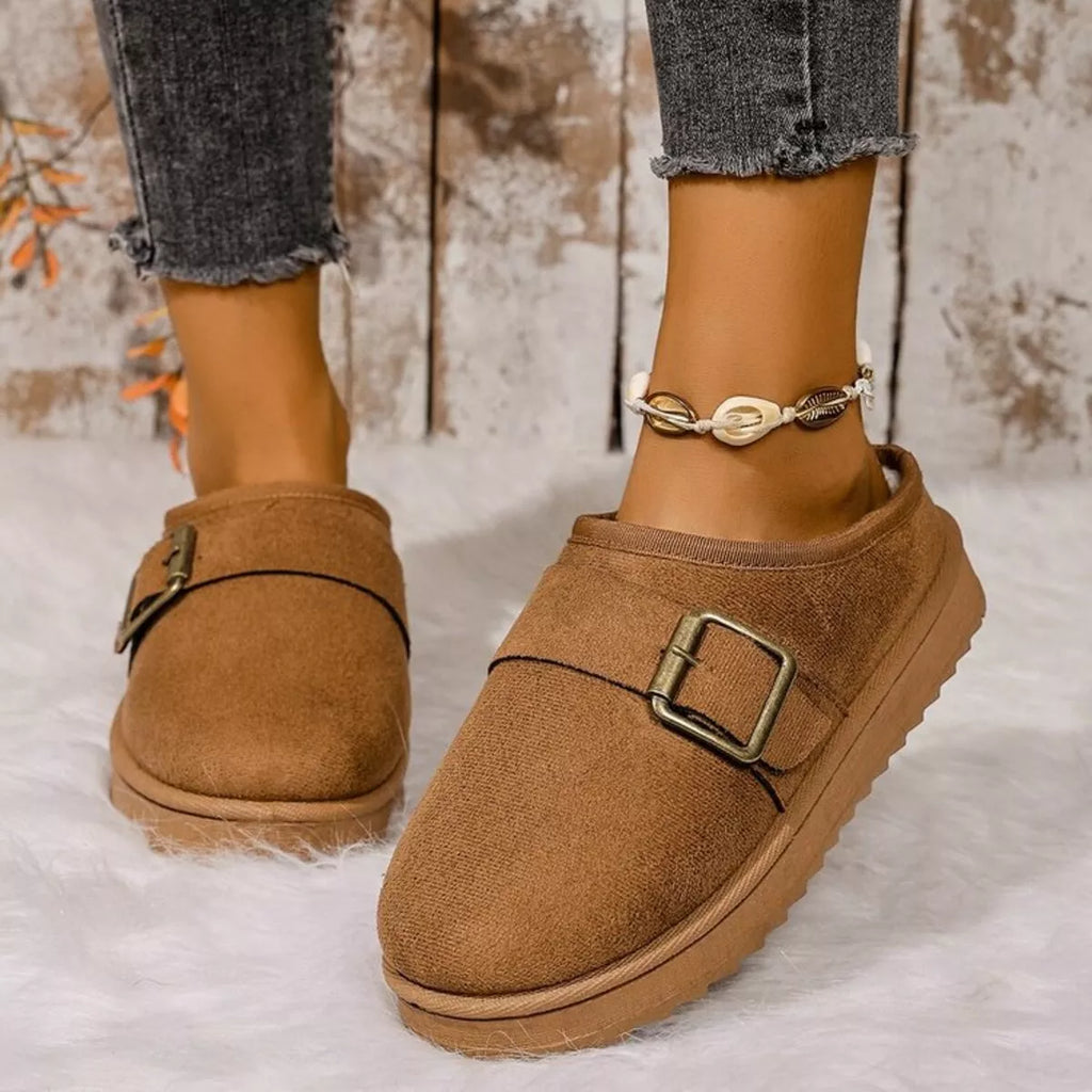 Buckle Decor Plush Lined Warm Slippers