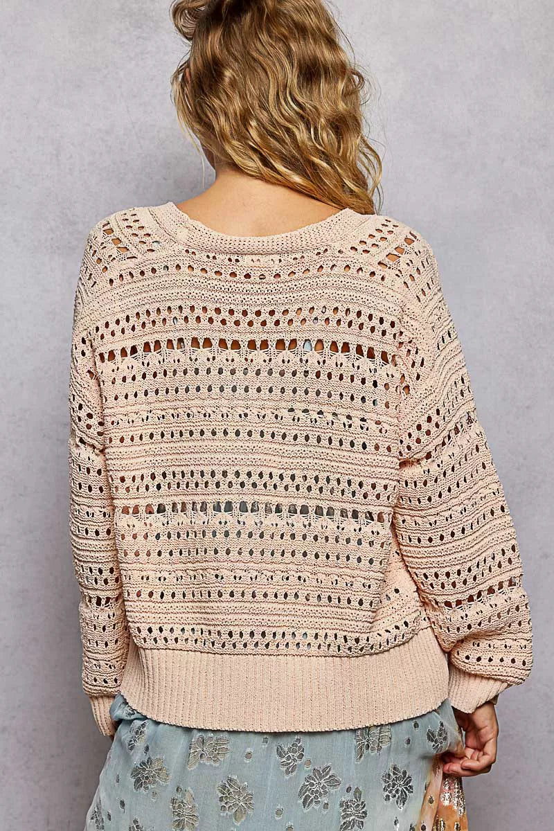 POL Open-Knit Floral Button Cardigan