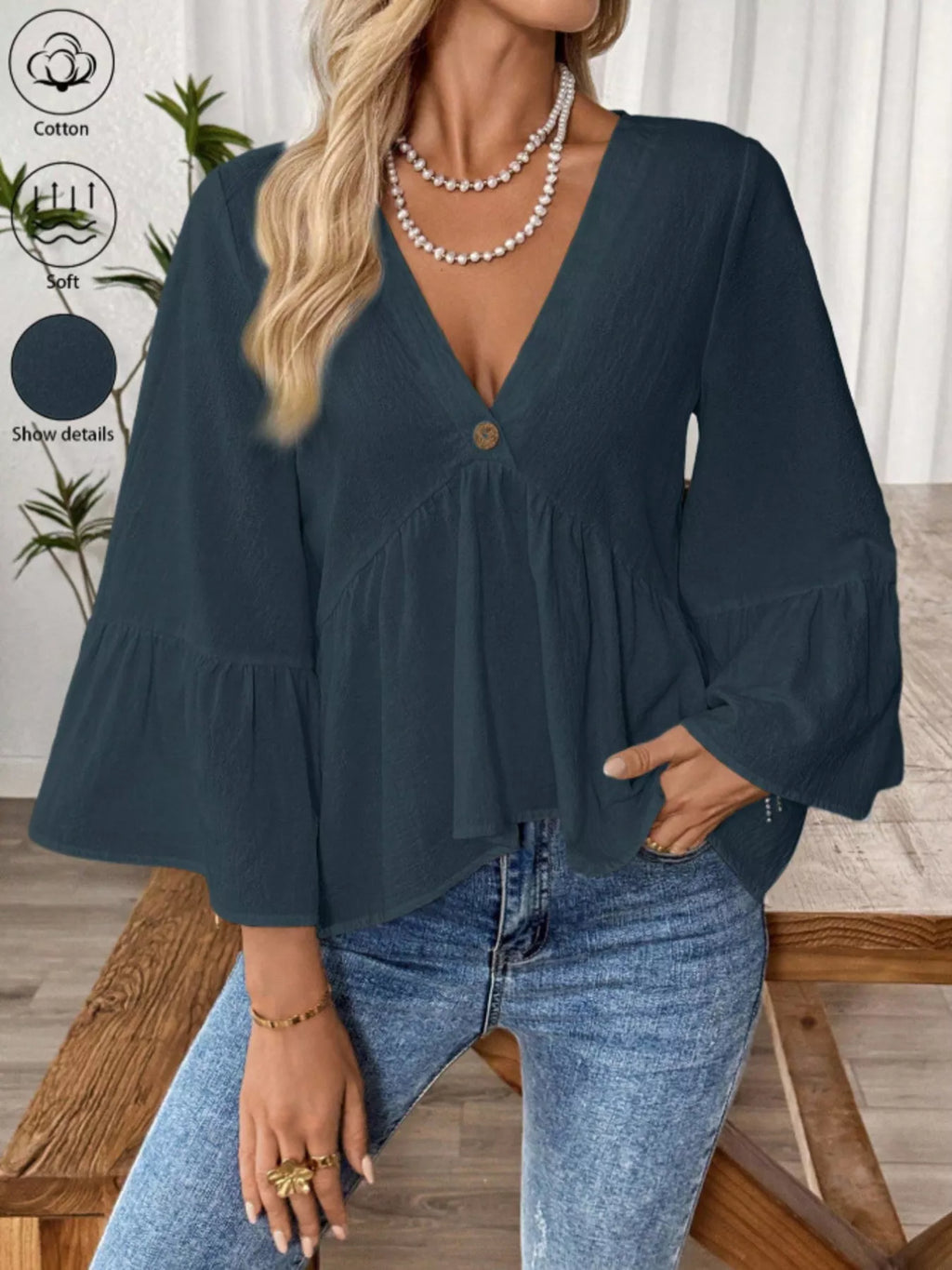 V-Neck Bell Sleeve Blouse