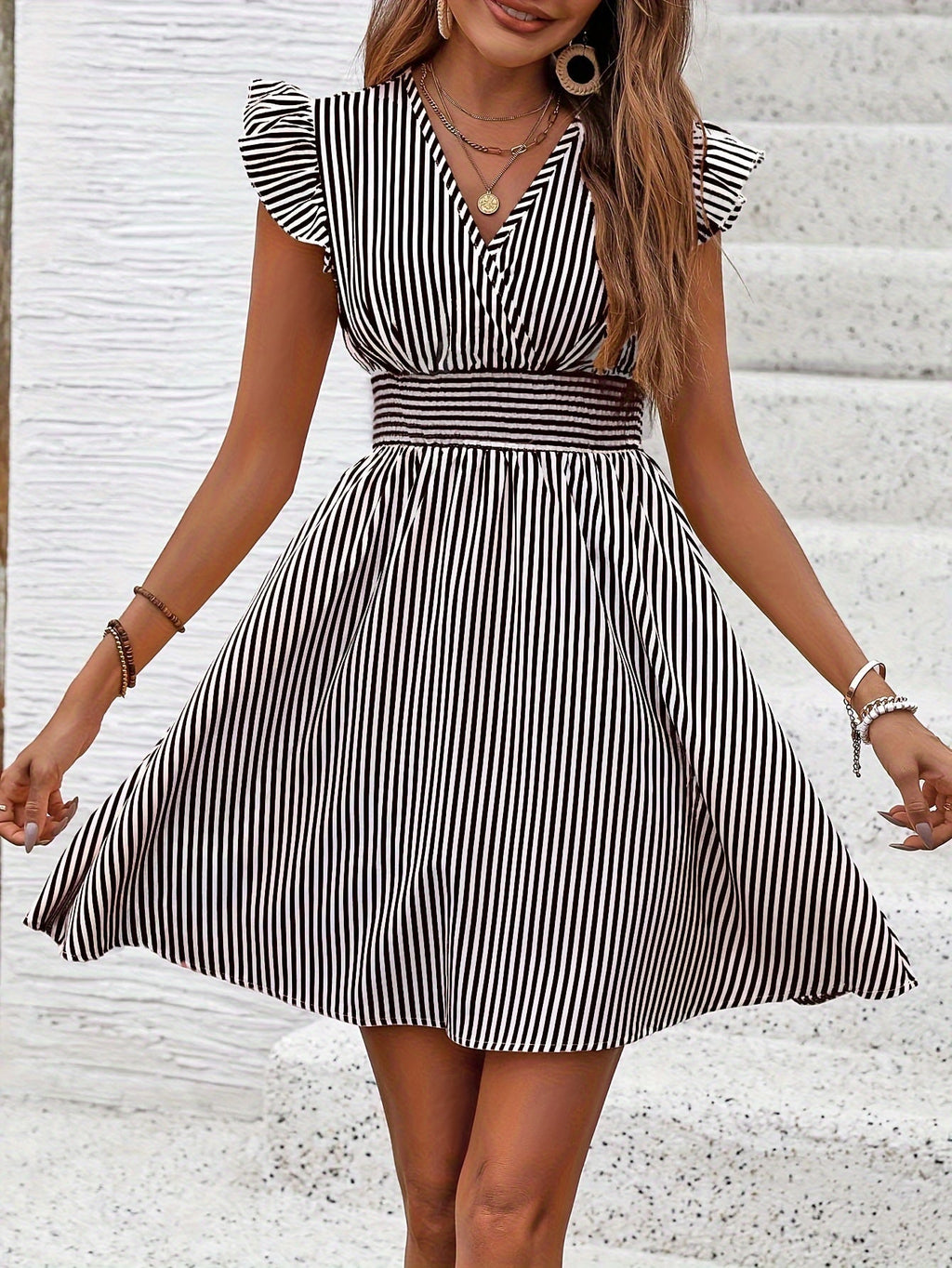 Women's Mini Dress V Neck Flutter Sleeve Striped Summer Dress