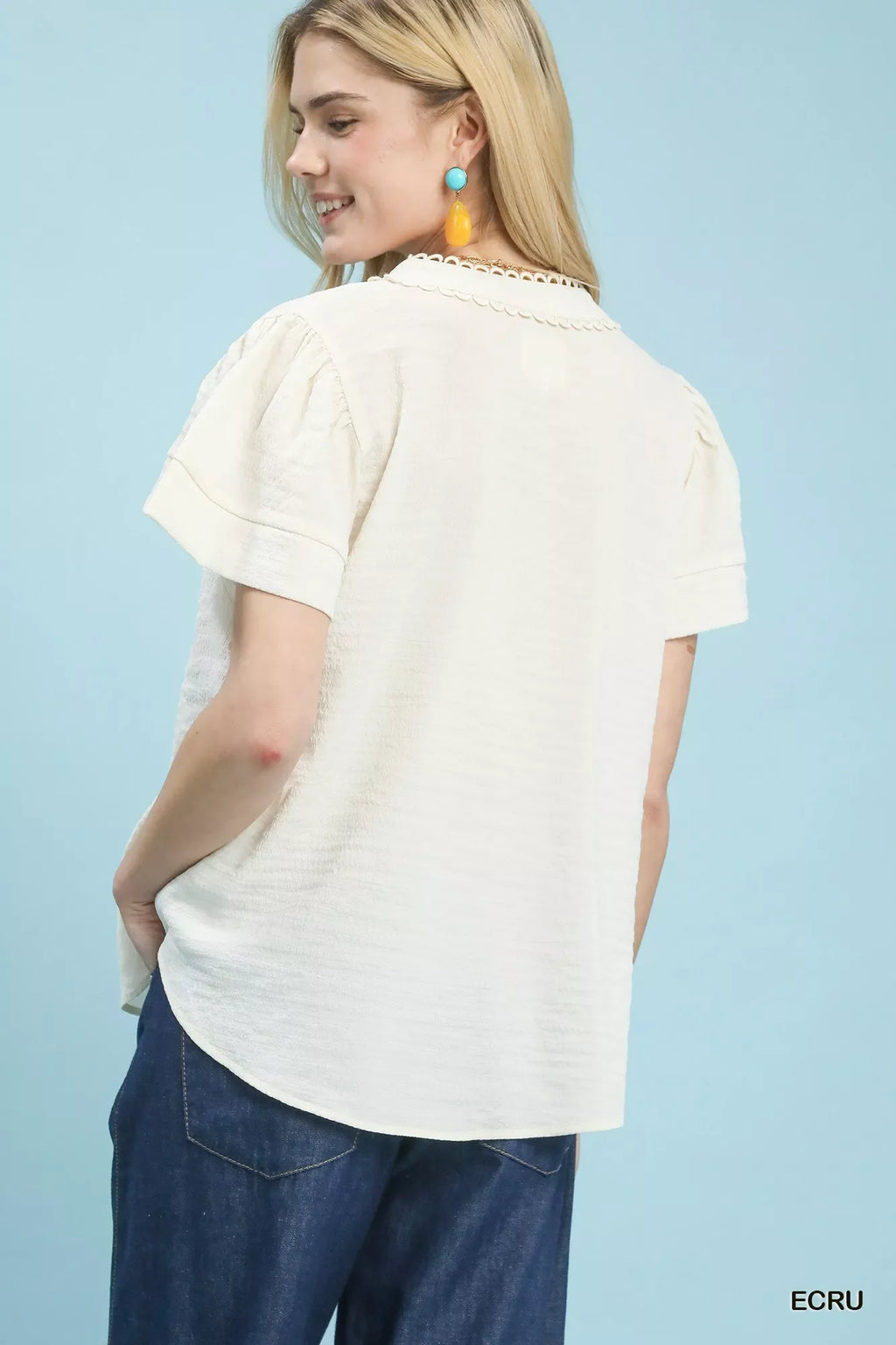 Umgee Seersucker Short Sleeve Top with Lace Trim