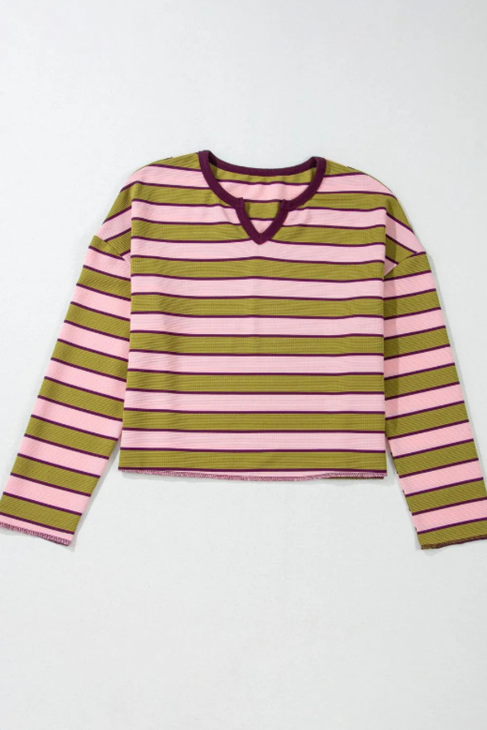 Striped Notched Long Sleeve T-Shirt