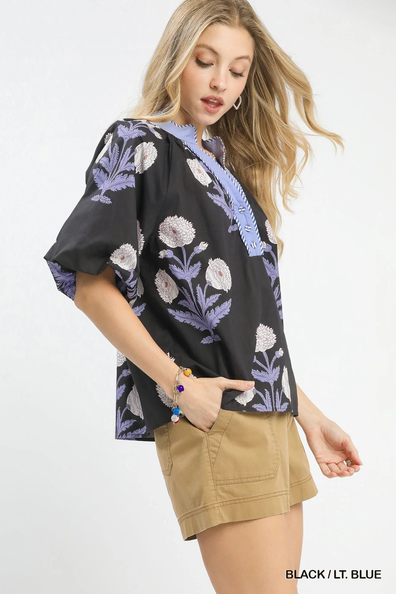 Umgee Floral Print V-Neck Top