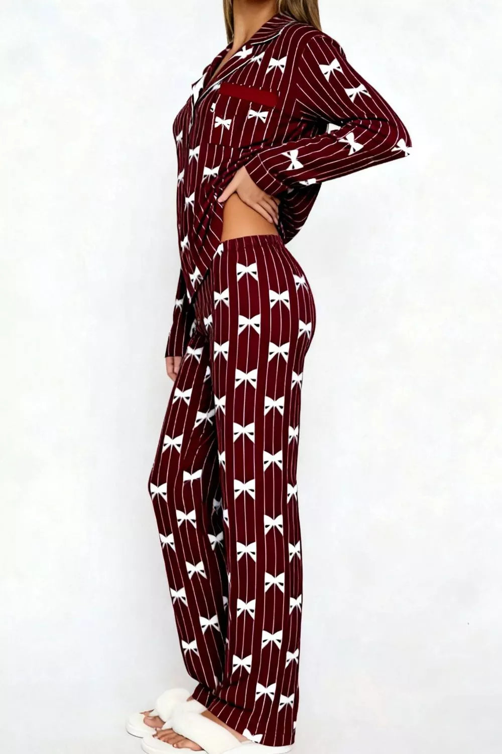 Bow Print Top and Wide Leg Pants Lounge Set