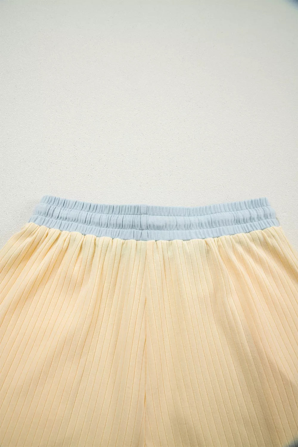 Soft Ribbed Color Block Trim Casual Short Set