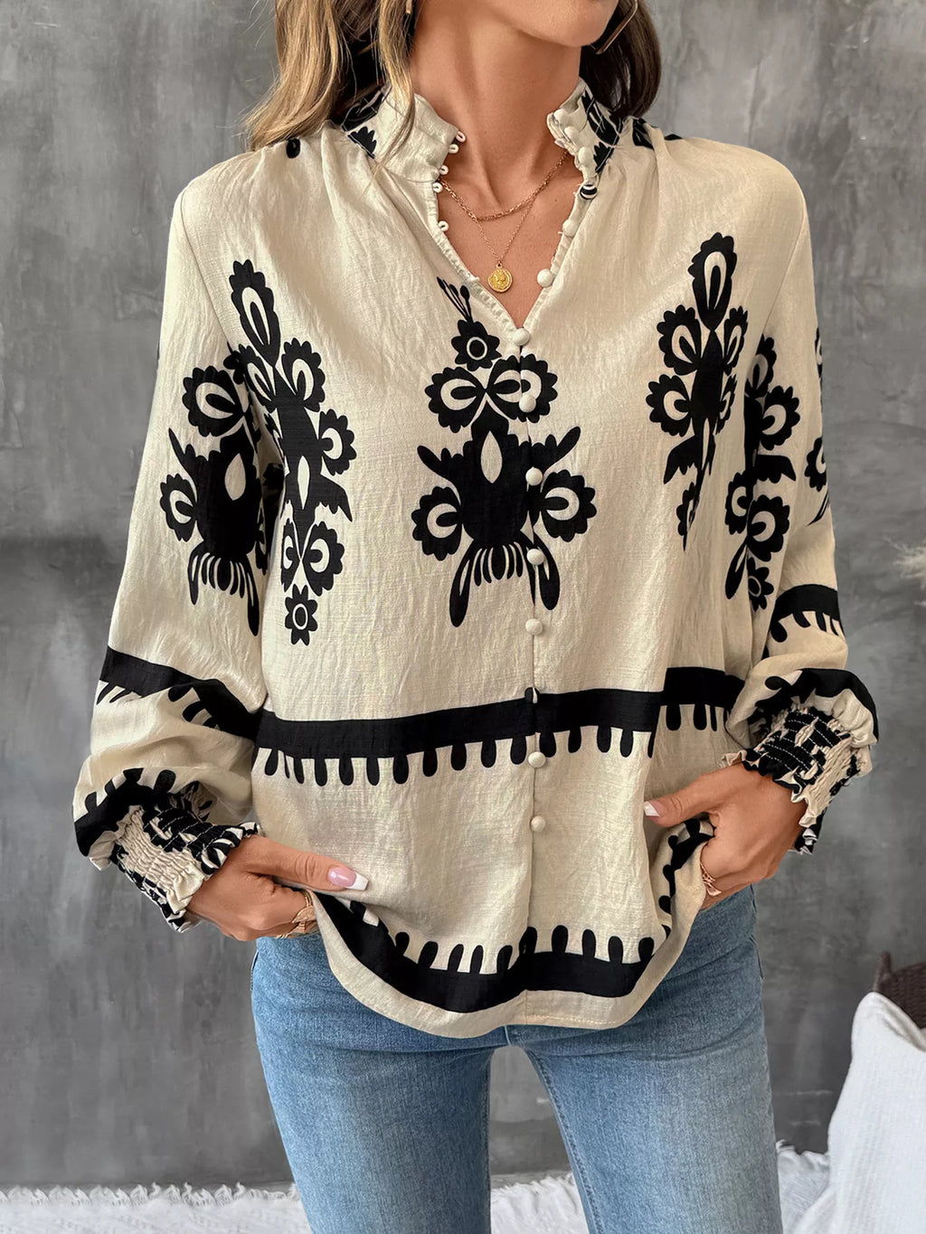 Printed Notched Lantern Sleeve Blouse