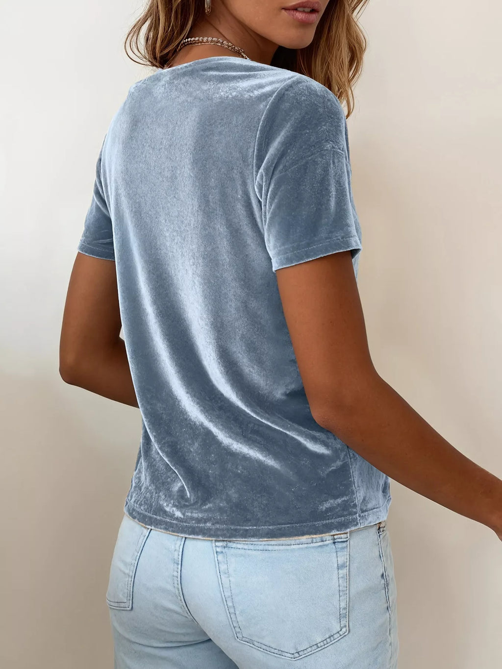 Velvet Cowl Neck Short Sleeve Top