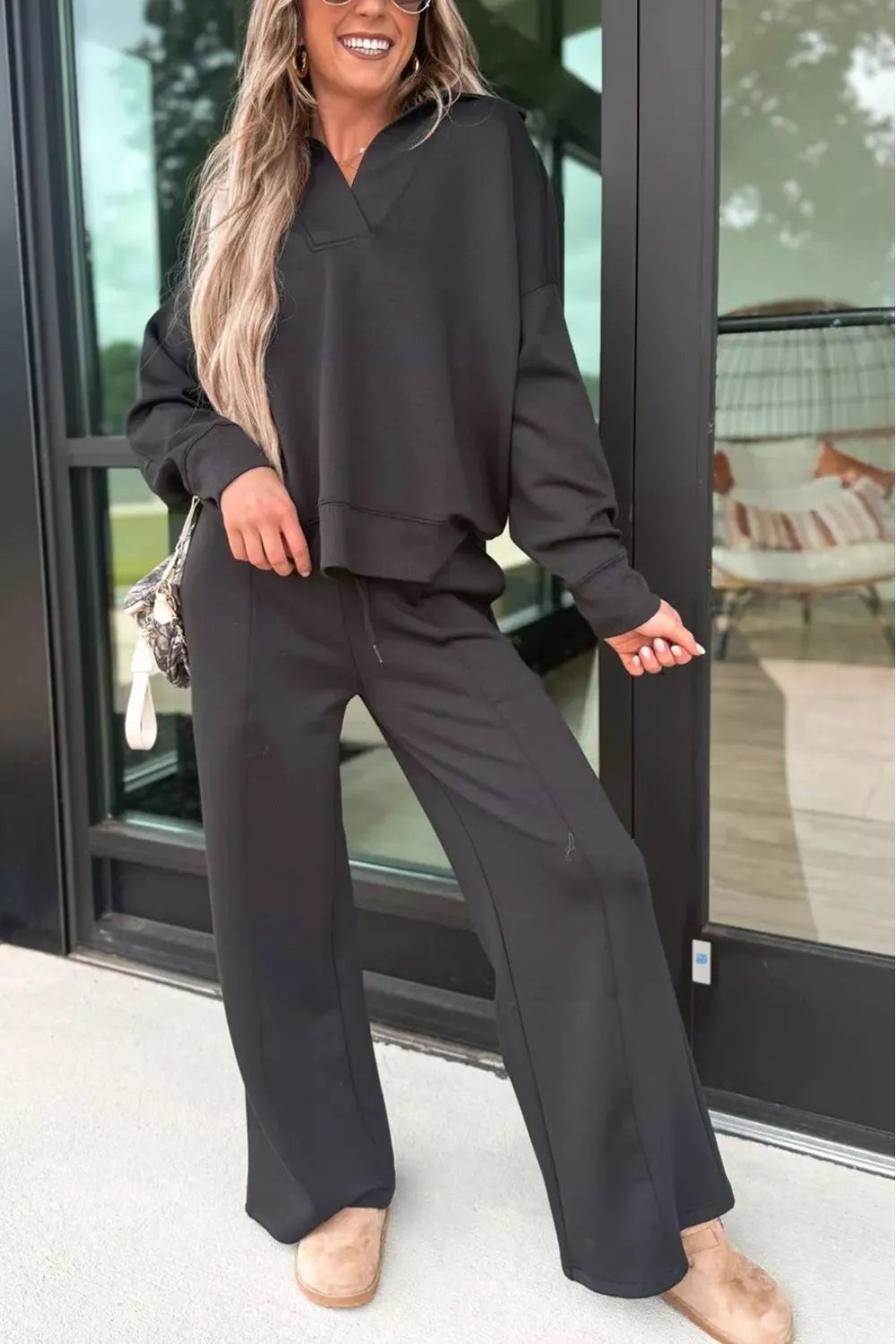 Collared V Neck Pullover Sweatshirt Sweatpants Set