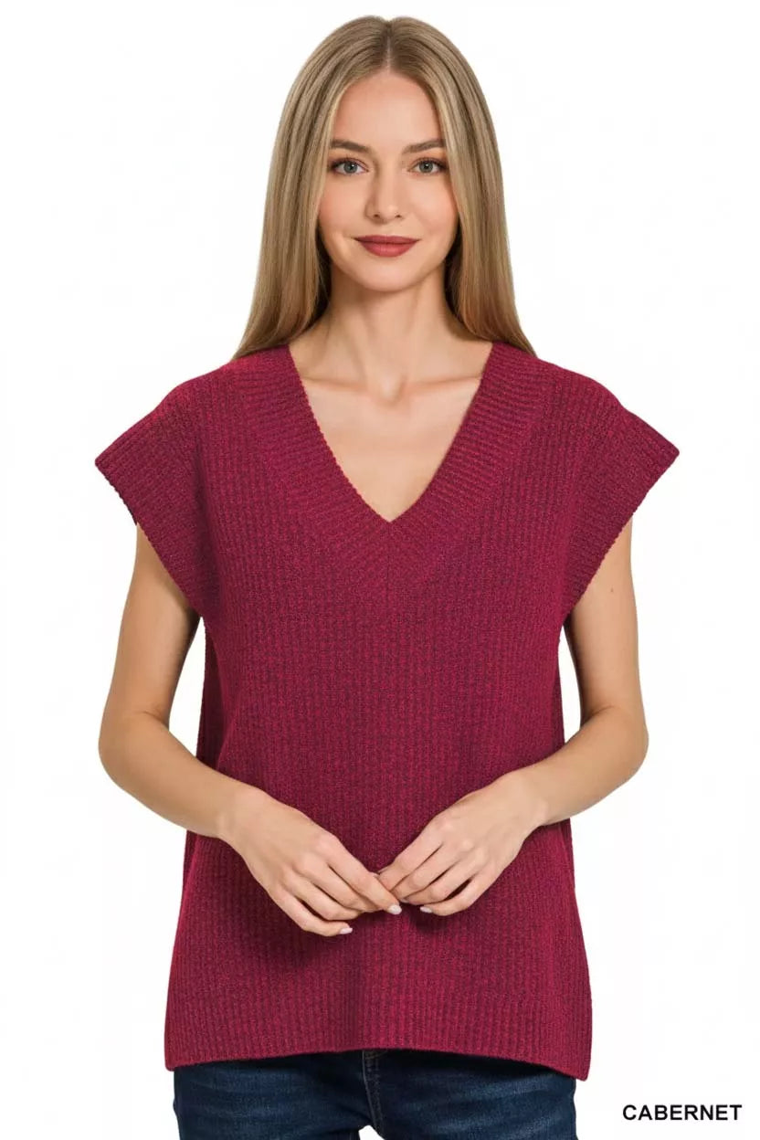 Zenana Ribbed Slit V-Neck Sweater Vest
