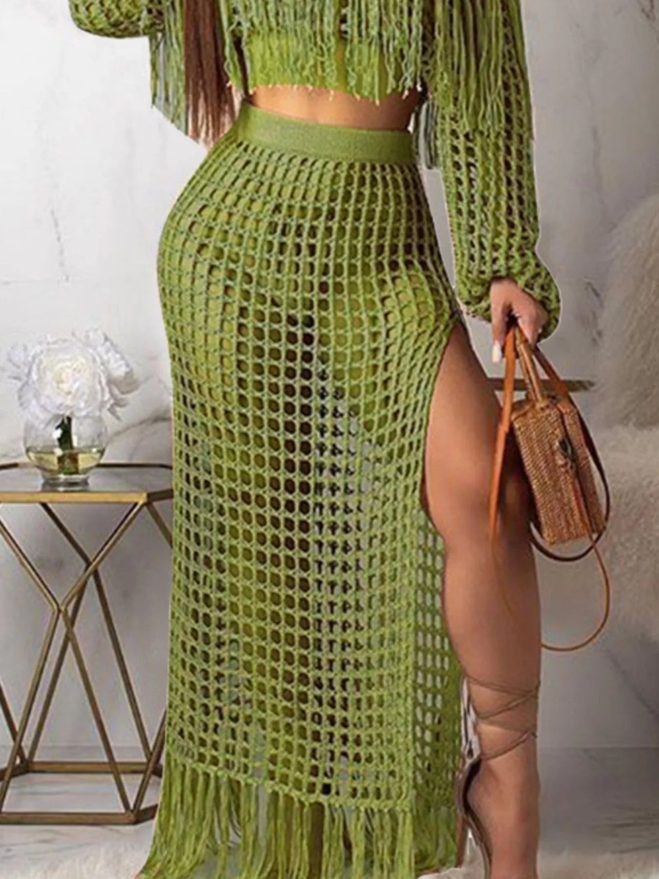 Full Size Crochet Off-Shoulder Fringe Top and Skirt Set Plus Size