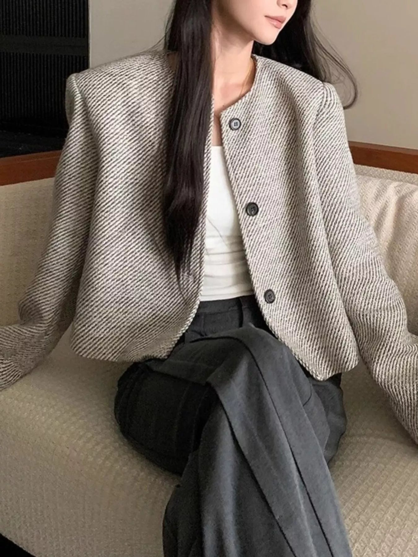 Button Up Tweed Cropped Jacket