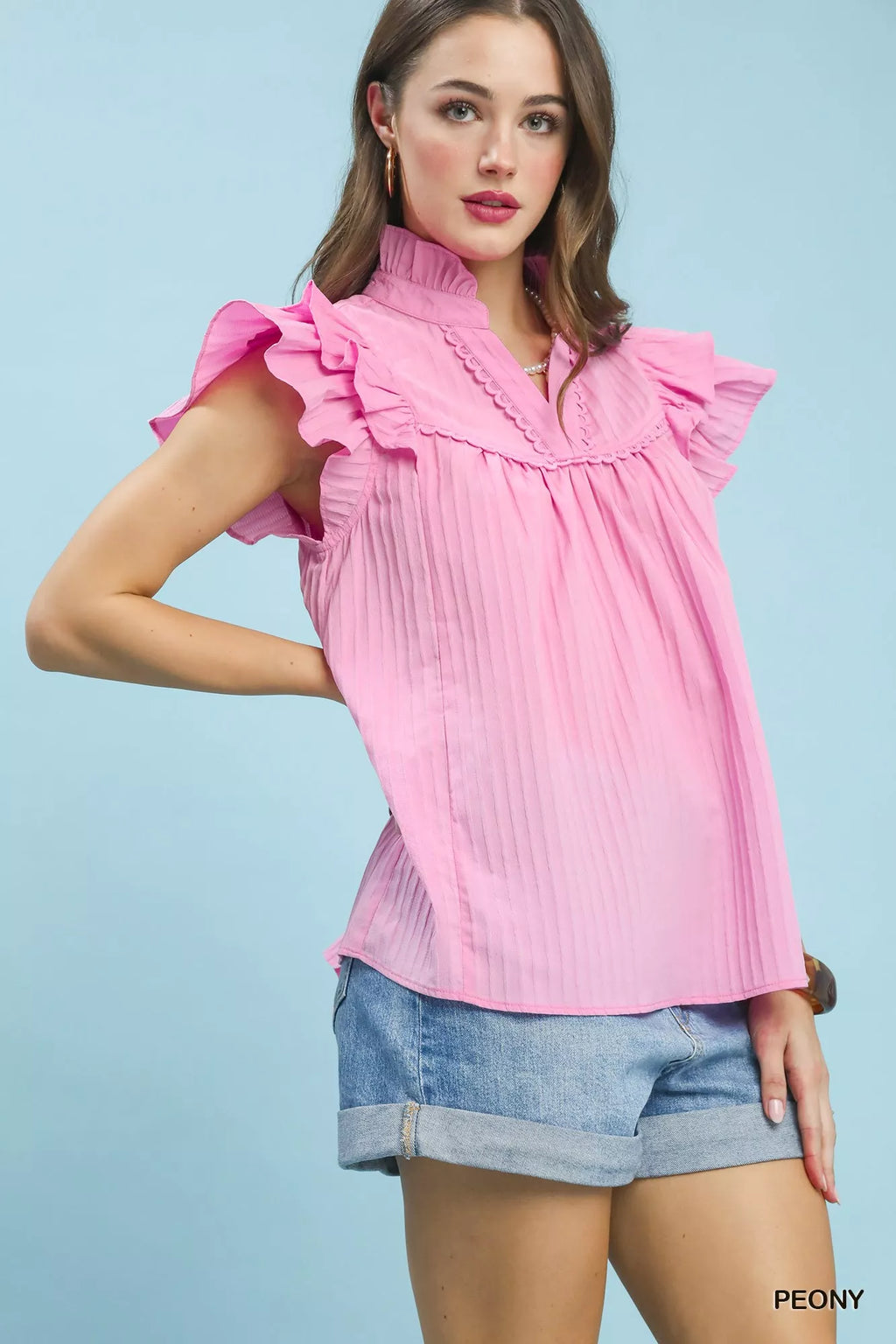 Umgee Ruffle Sleeve Textured Babydoll Blouse