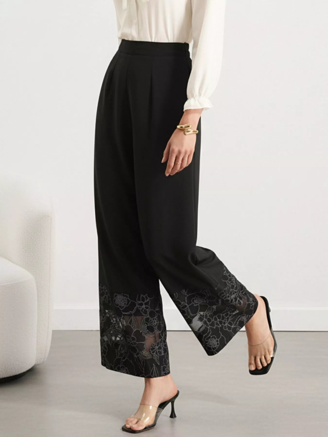 Floral Lace Hem Wide Leg Pants