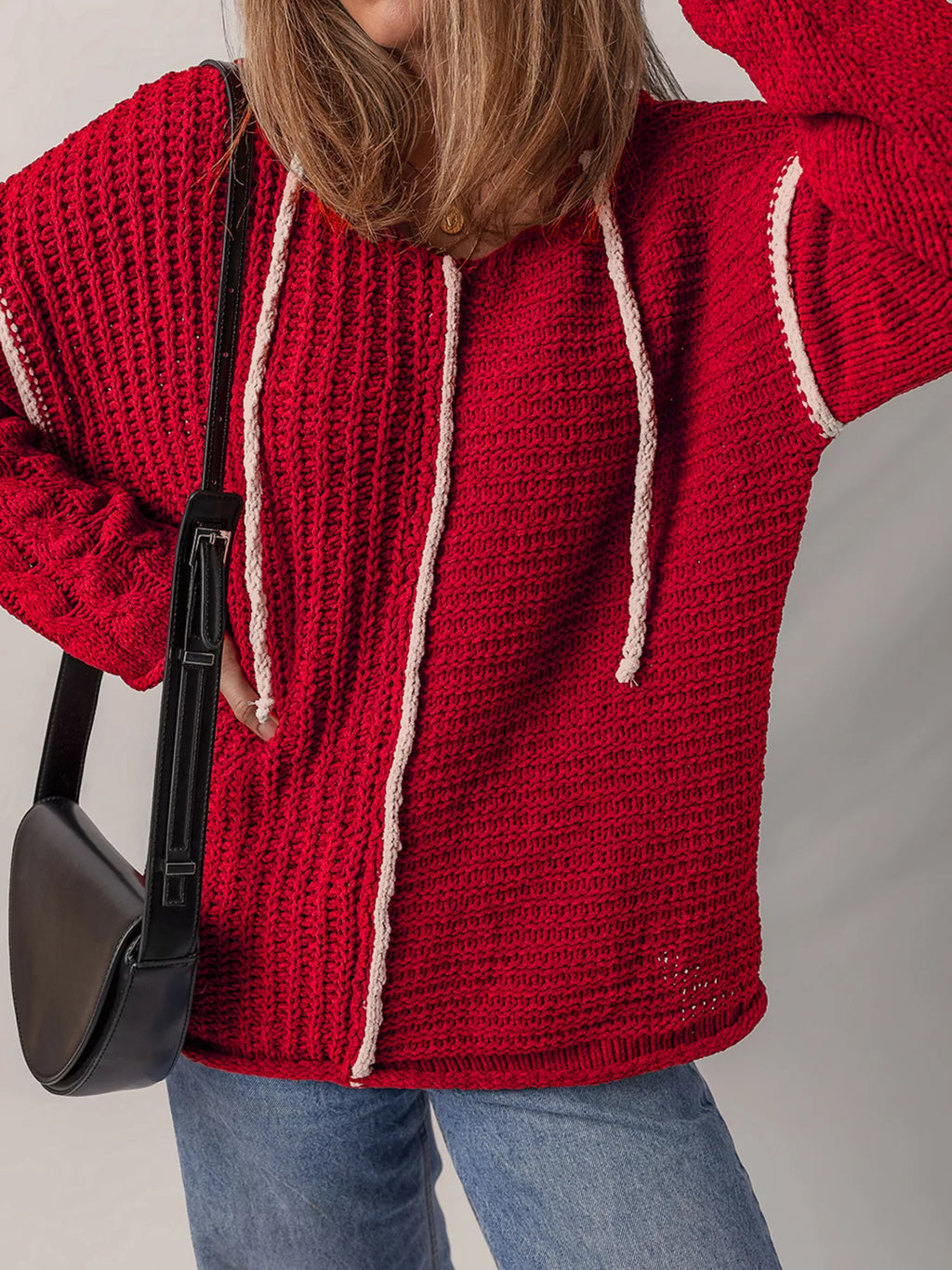 Contrast Trim Textured Knit Drawstring Hooded Sweater