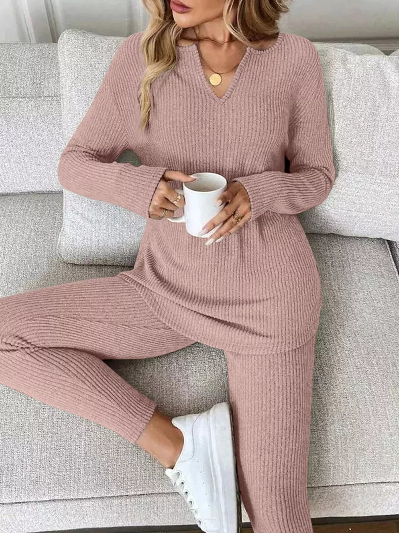 Ribbed Knit Long Sleeve Top and Pants Set