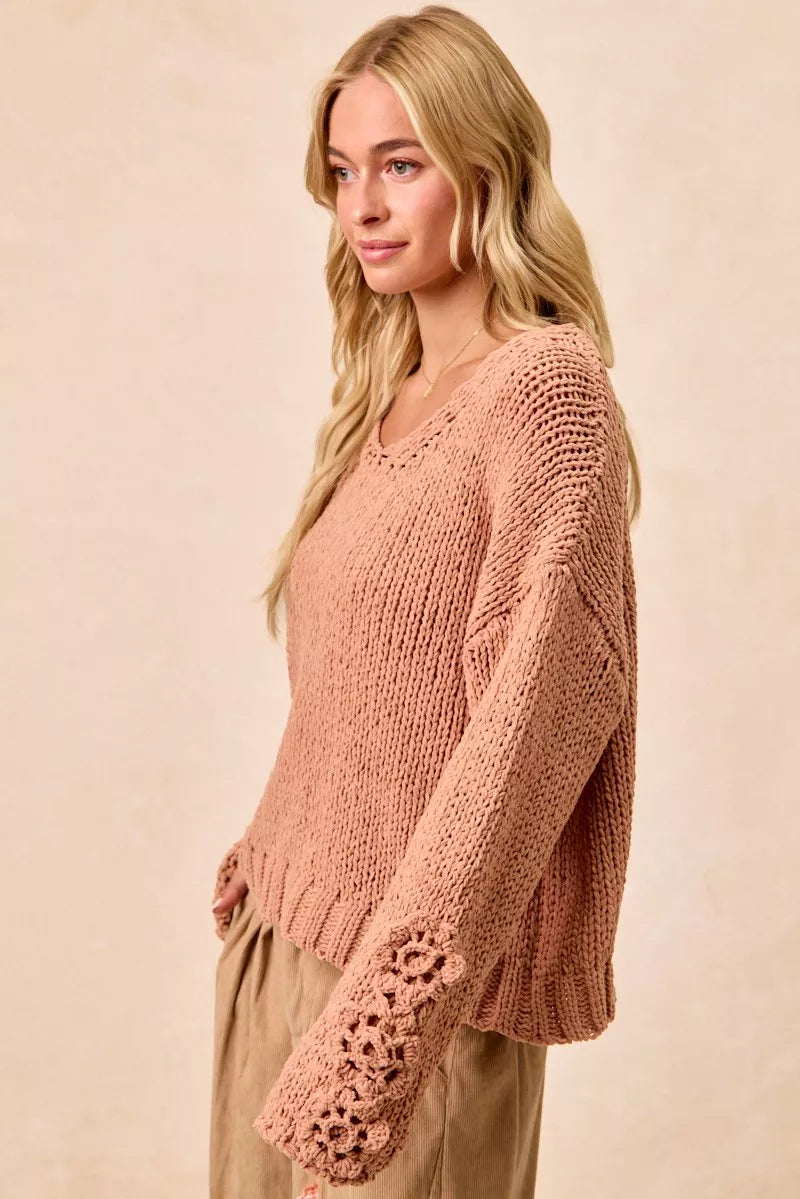 BiBi Chunky Knit Sweater with Flower Detail Sleeves