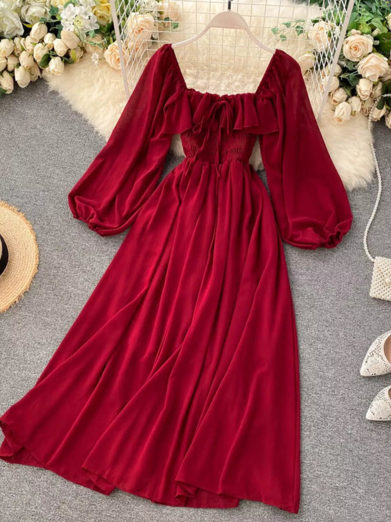 Ruffle Square Neck Balloon Sleeve A-Line Dress