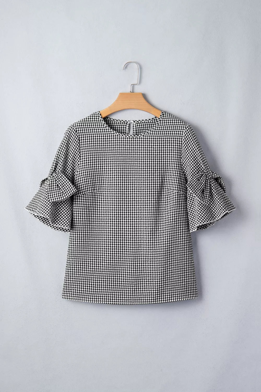 Gingham Bow Half Sleeve Blouse
