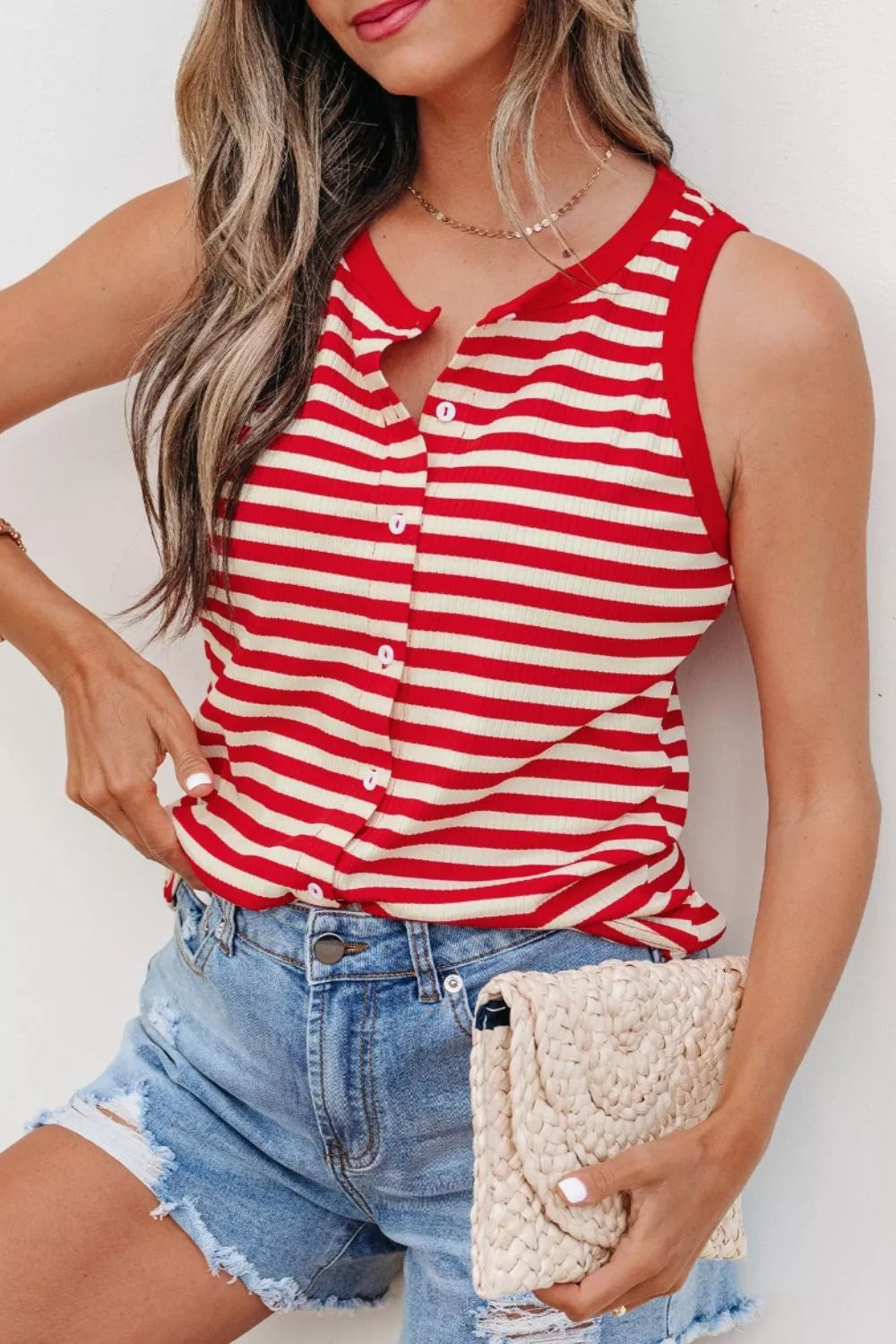 Stripe Buttoned Ribbed Knit Tank Top