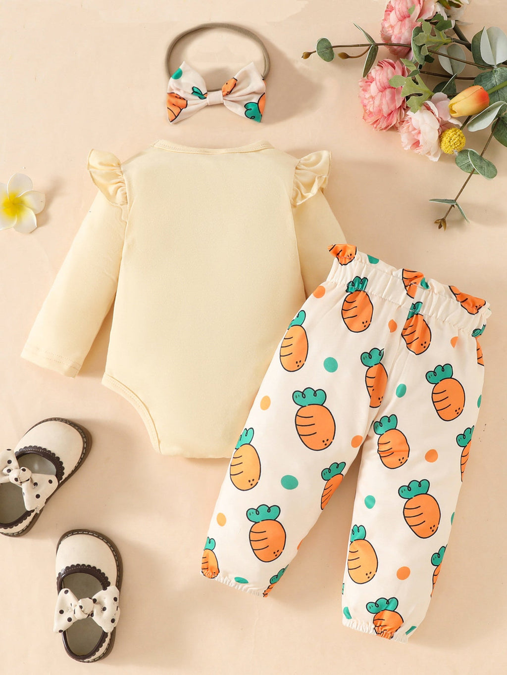 Children's Carrot Print Bodysuit and Pants Set with Headband