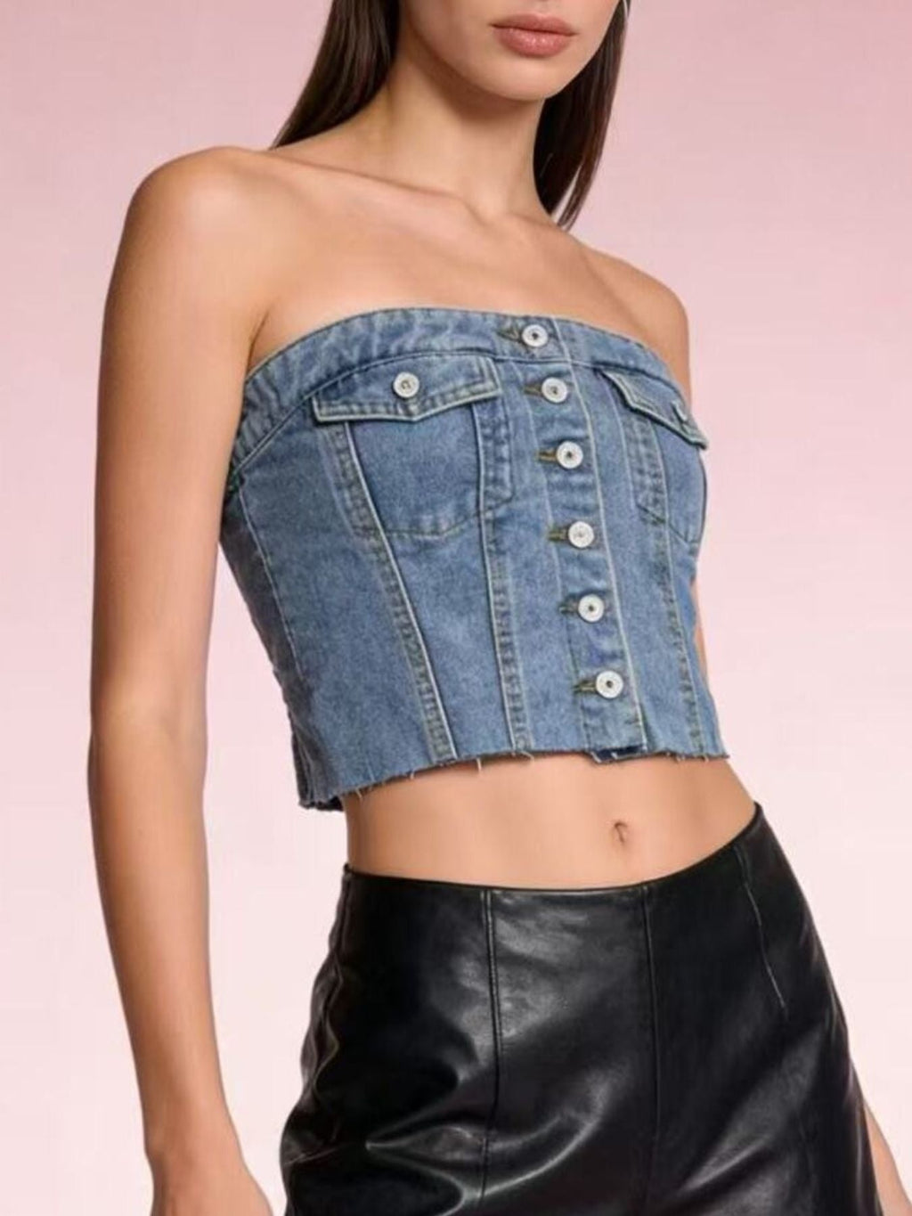 Button-Front Strapless Denim Top