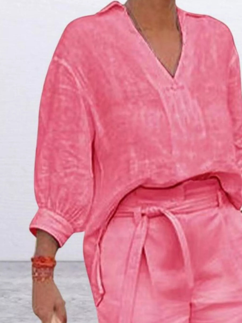 Full Size Johnny Collar 3/4 Sleeve Top and Shorts Set Plus Size