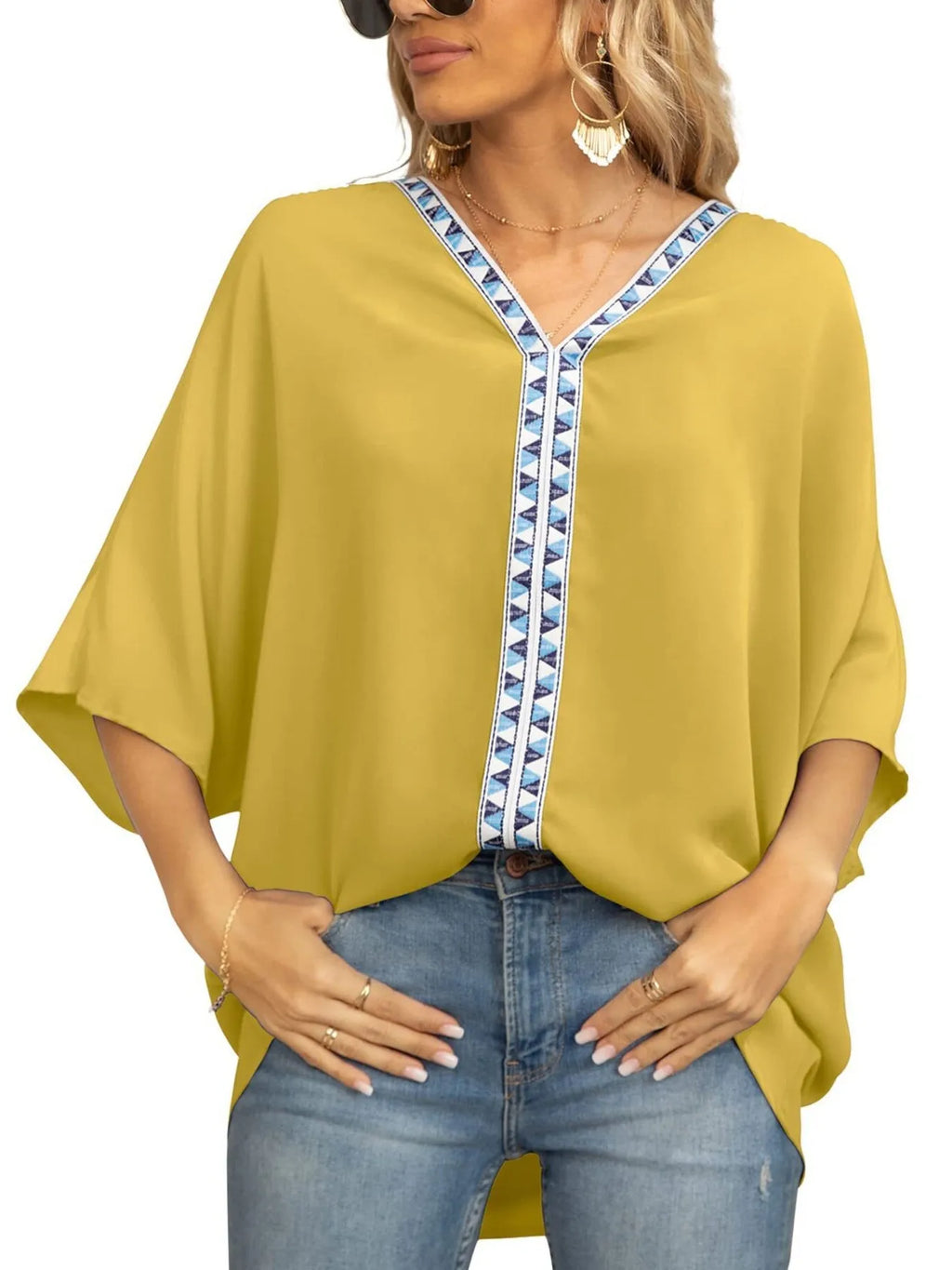 Oversized Contrast V-Neck Half Sleeve Blouse
