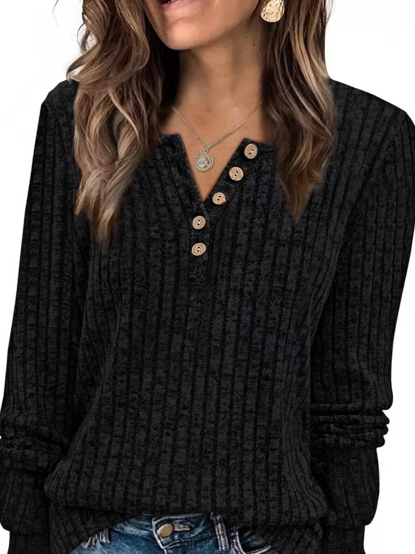 Ribbed Knit Button-Front Long Sleeve T-Shirt