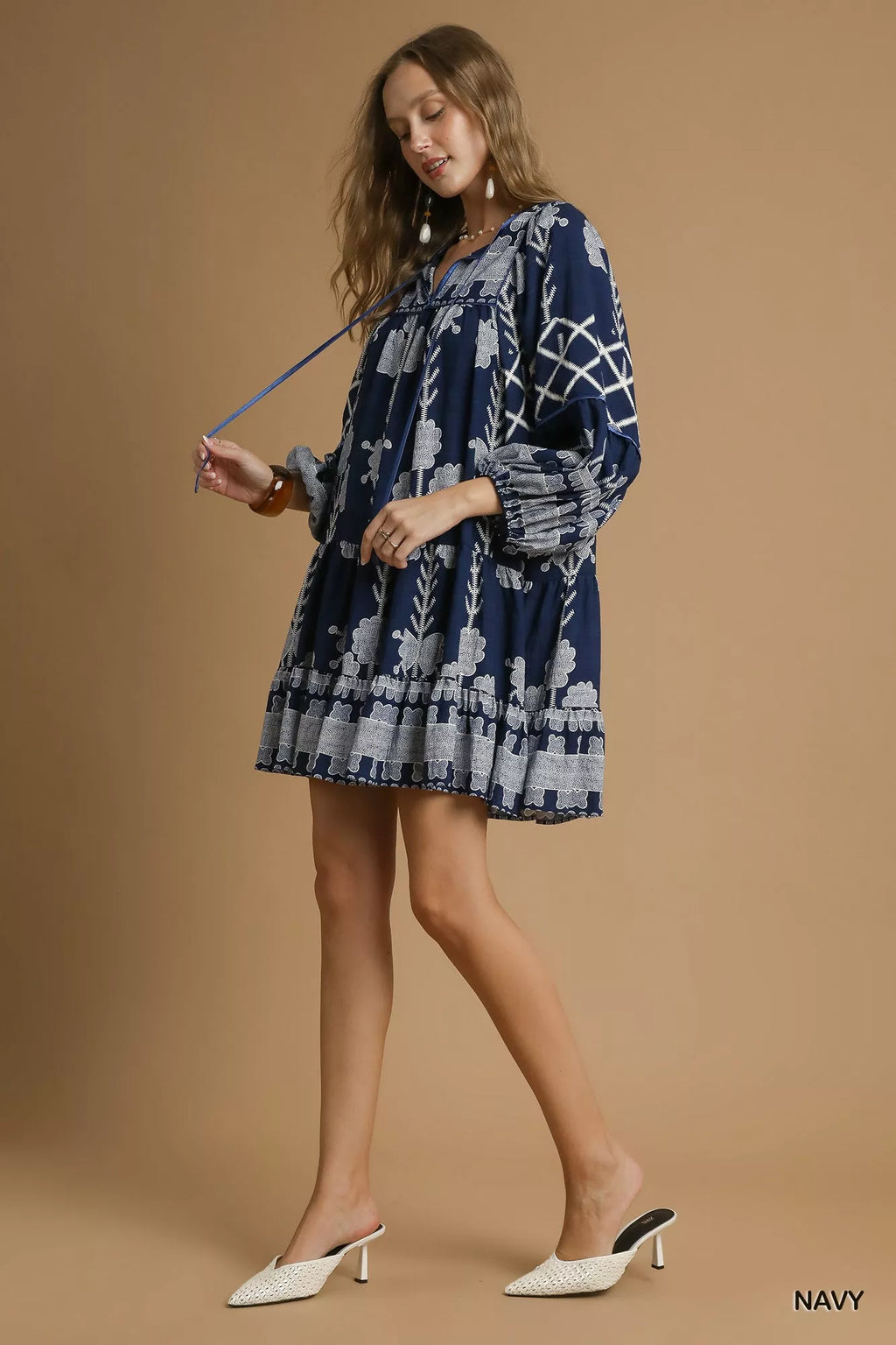Umgee Tribal Print Dress with Tie Neck