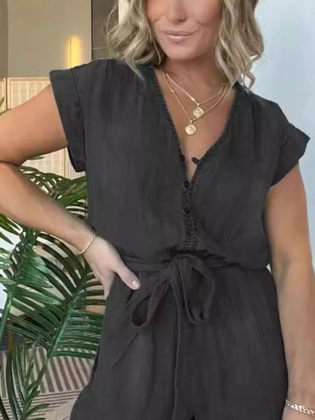 Full Size Tie Waist Cap Sleeve Romper Plus Size