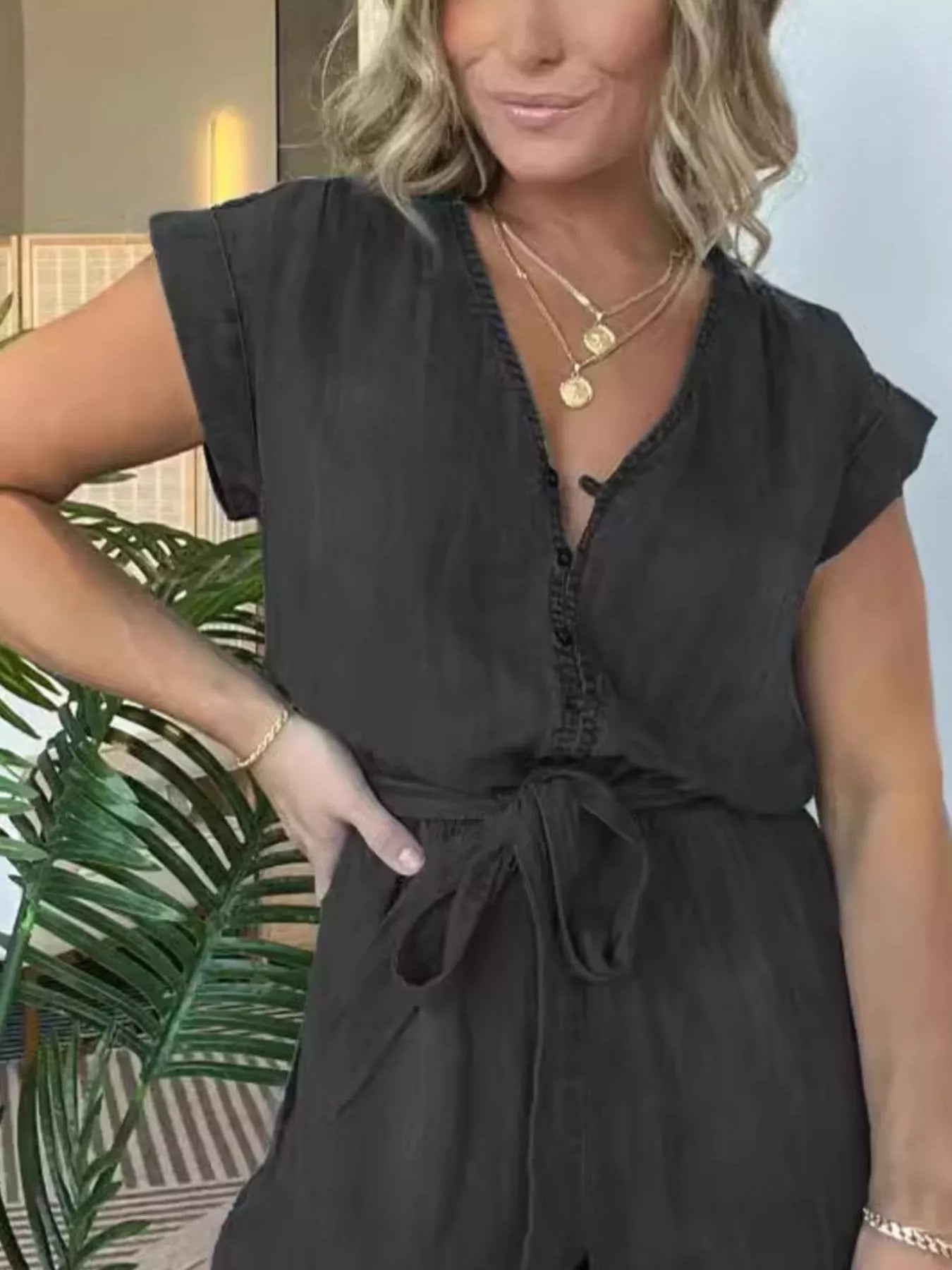 Full Size Tie Waist Cap Sleeve Romper Plus Size