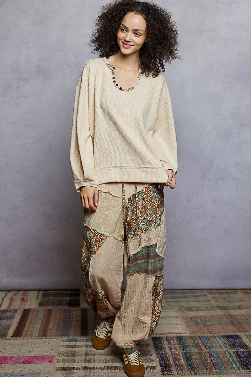 POL Balloon Sleeve Oversized Ribbed Top with Floral Pattern Contrast