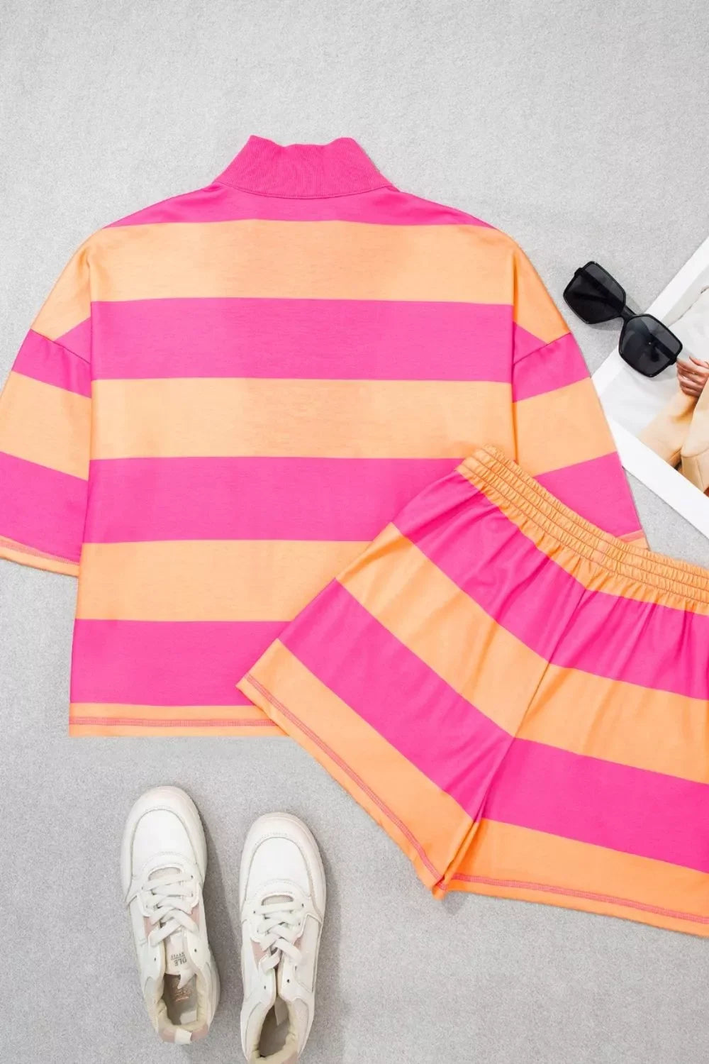 Stripe Long Sleeve Casual Top Drawstring Shorts 2pcs Set