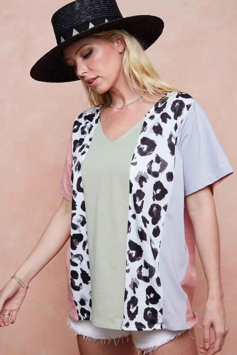 BiBi Cotton Span Knit With Leopard Color Block Top