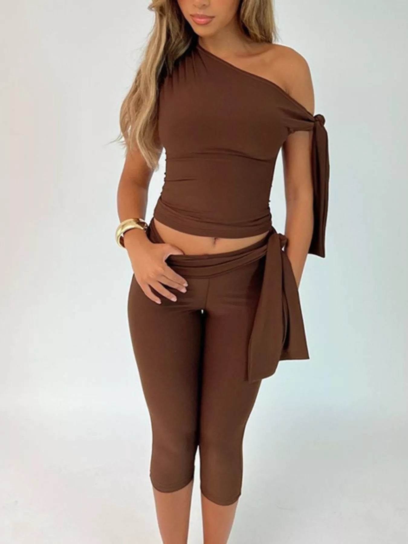 Tied One Shoulder Top and Capris Set