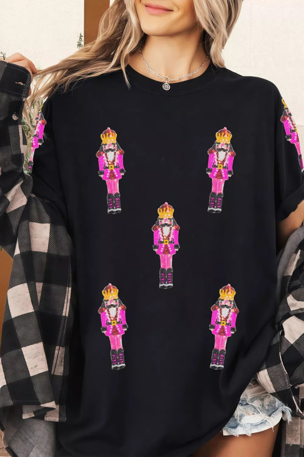 Sequin Patched Christmas Nutcracker Casual T Shirt