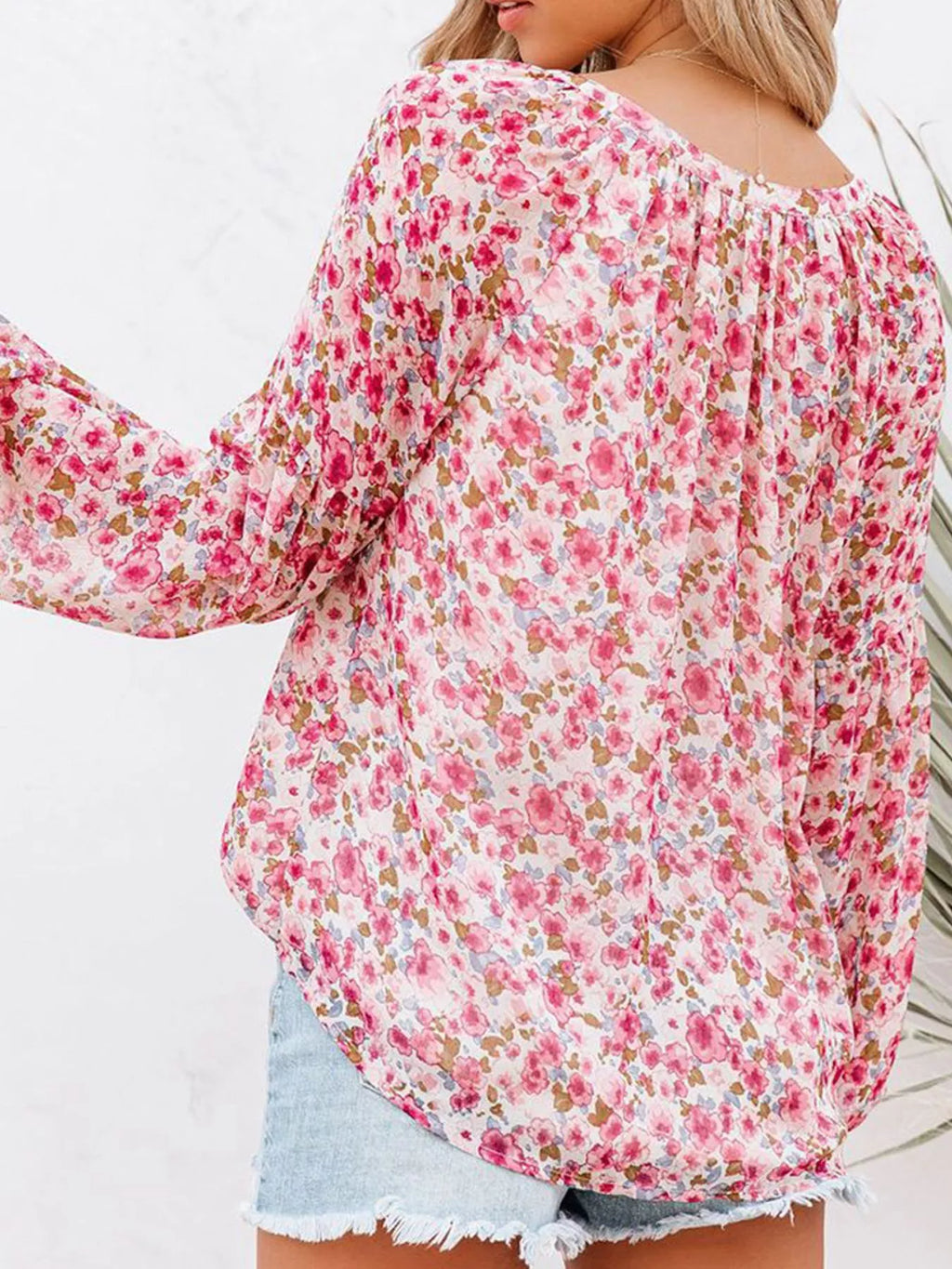 Full Size Floral Print V-Neck Long Sleeve Blouse Plus Size
