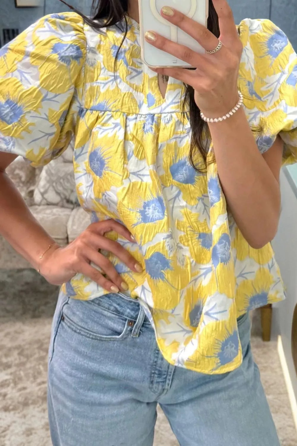 Short Bubble Sleeve Summer Floral Blouse