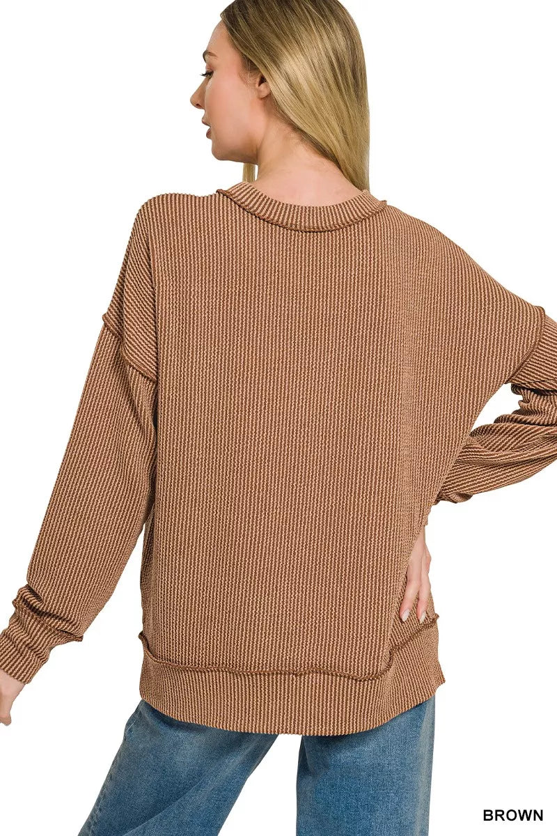 Zenana Corded Rib Long Sleeve Round Neck Top