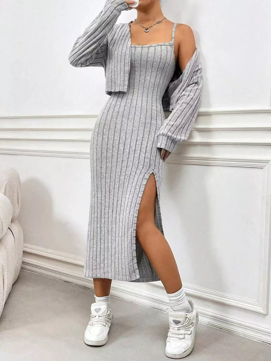 Ribbed Knit Cami Dress & Cardigan Set