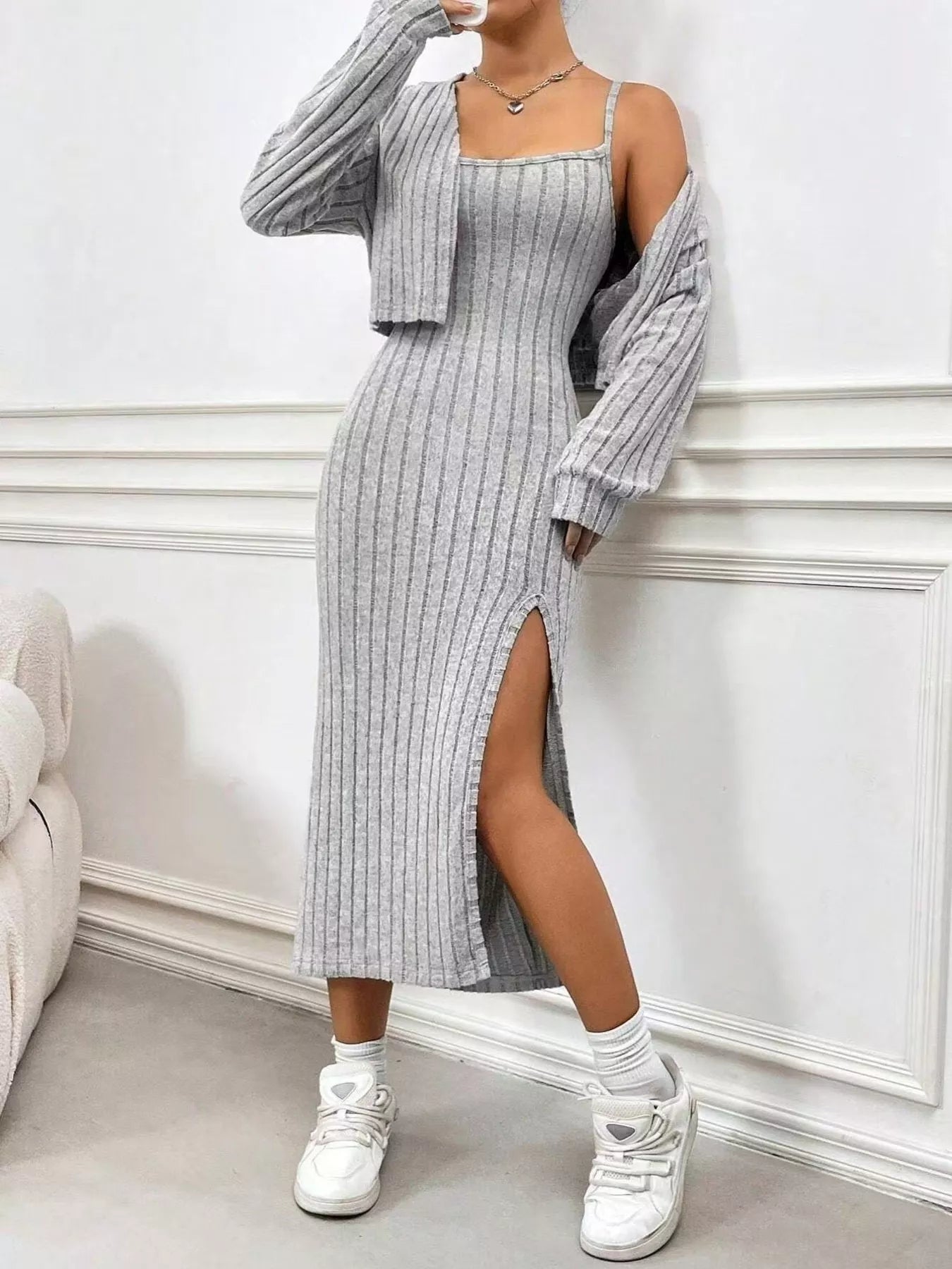 Ribbed Knit Cami Dress & Cardigan Set