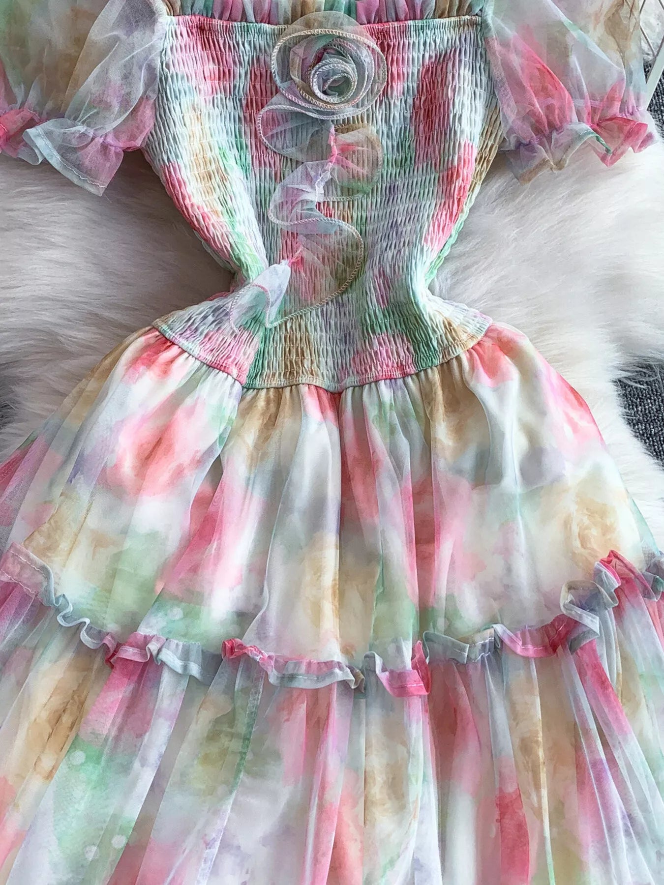 Smocked Floral Tiered Mesh Midi Dress
