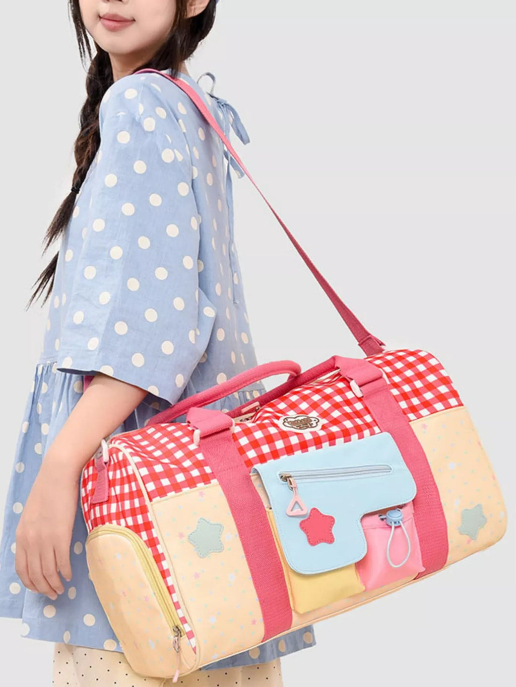 Gingham Duffel Bag with Multi-Pockets