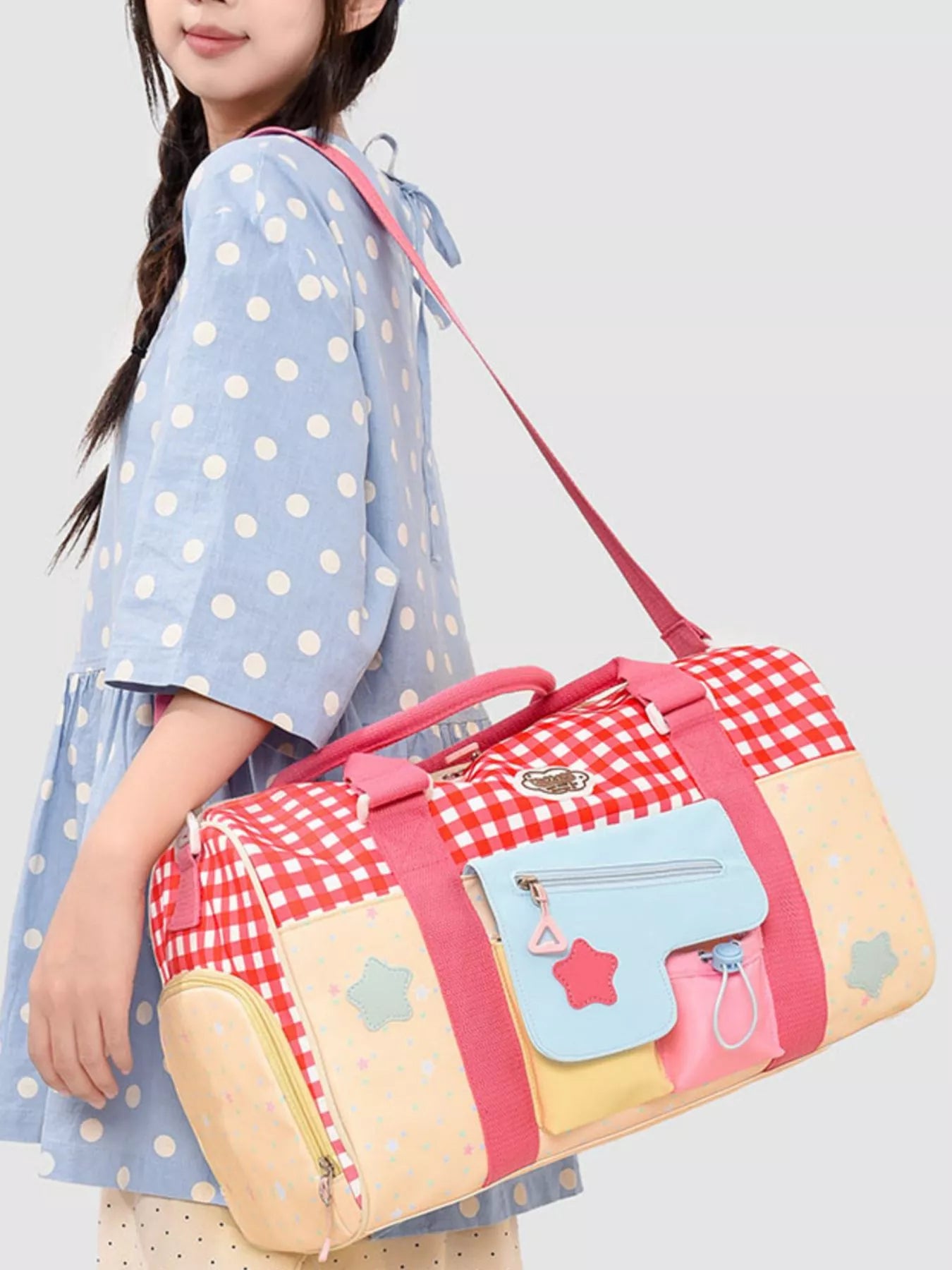 Gingham Duffel Bag with Multi-Pockets