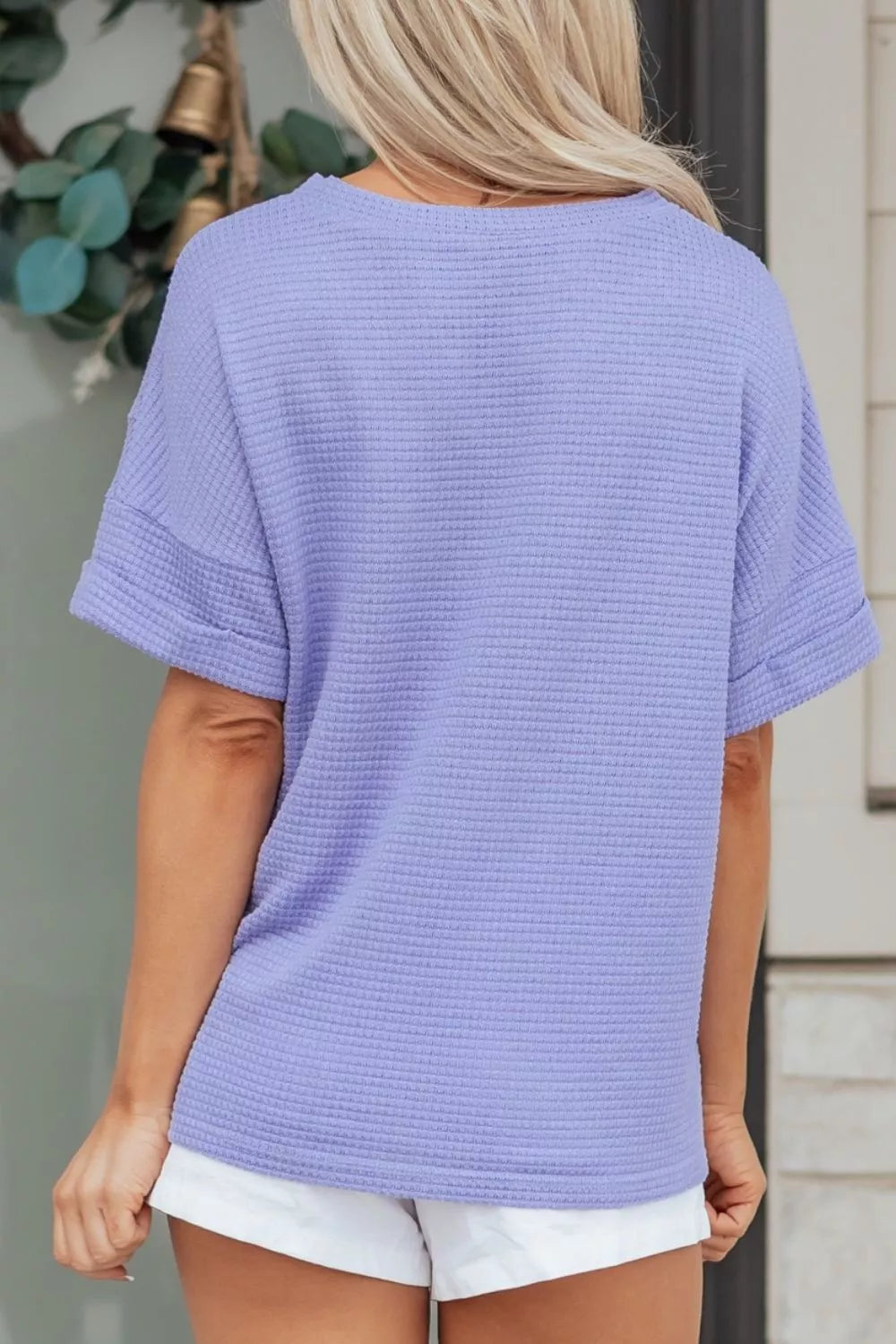 V Neck Short Sleeve Plus Size Waffle Knit Top