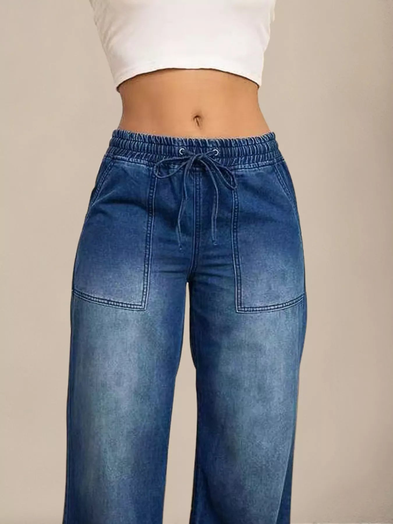 Drawstring Waist Wide Leg Jeans