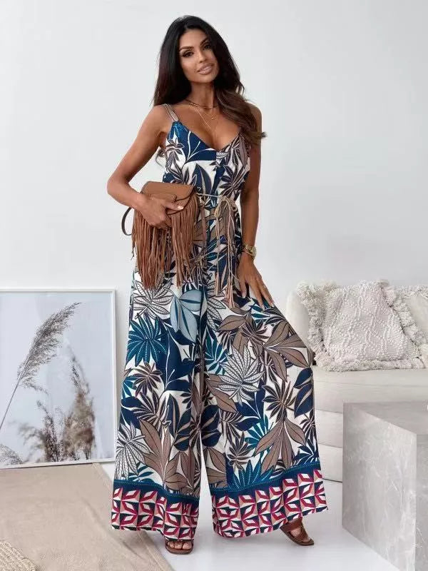 Printed Spaghetti Strap Wide-Leg Jumpsuit